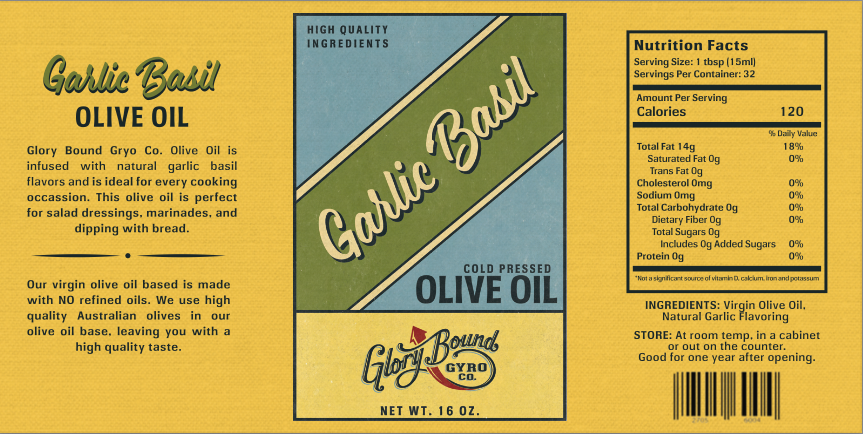 Label of Garlic Basil Olive Oil with nutritional information and branding details.