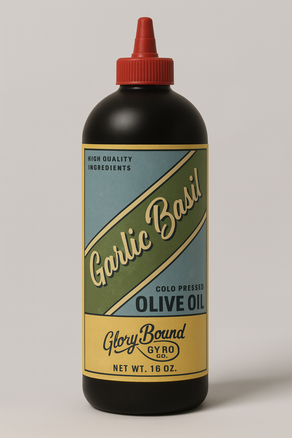 Bottle of Garlic Basil olive oil with a colorful label on a gray background