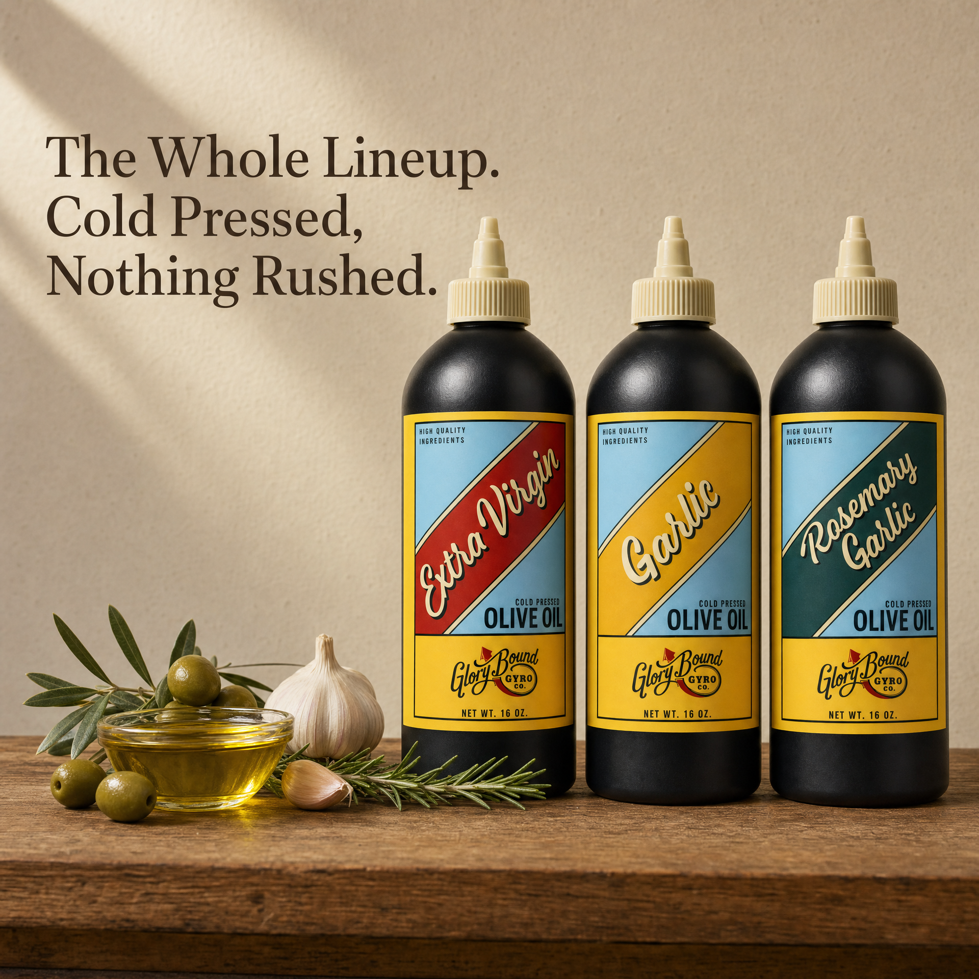 The whole lineup — cold pressed, nothing added, nothing rushed