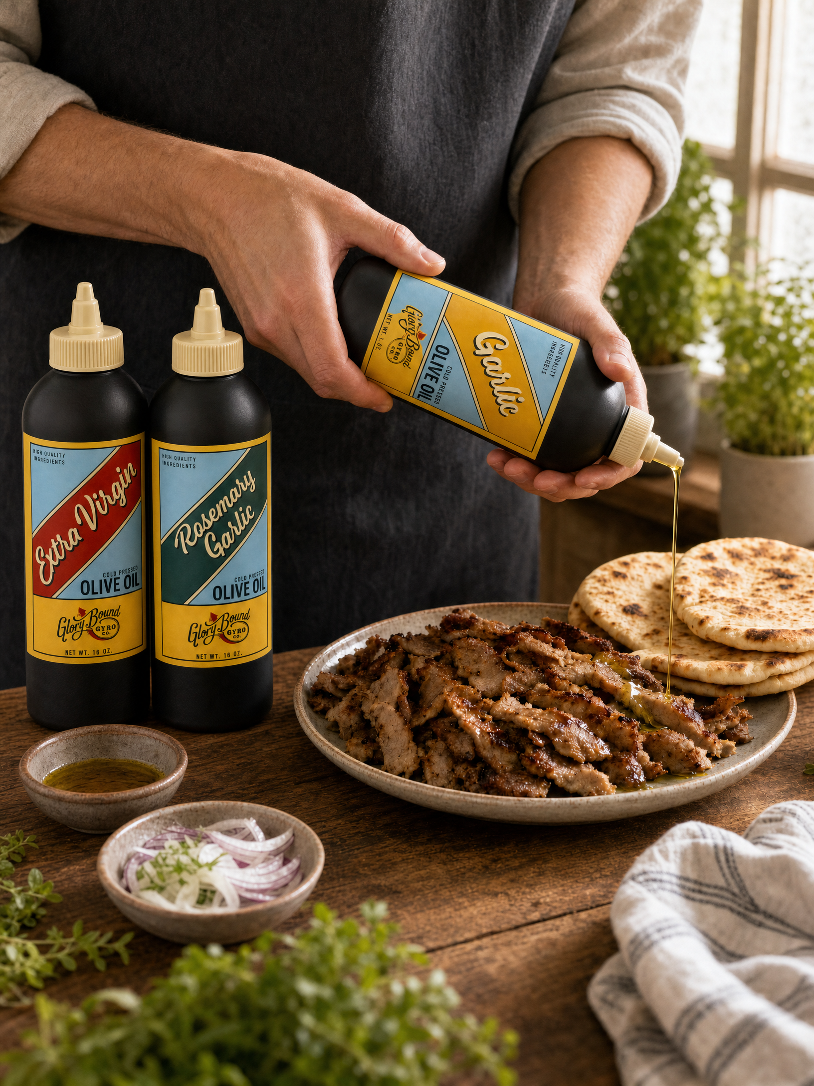 Glory Bound Complete Set olive oils being used in the kitchen