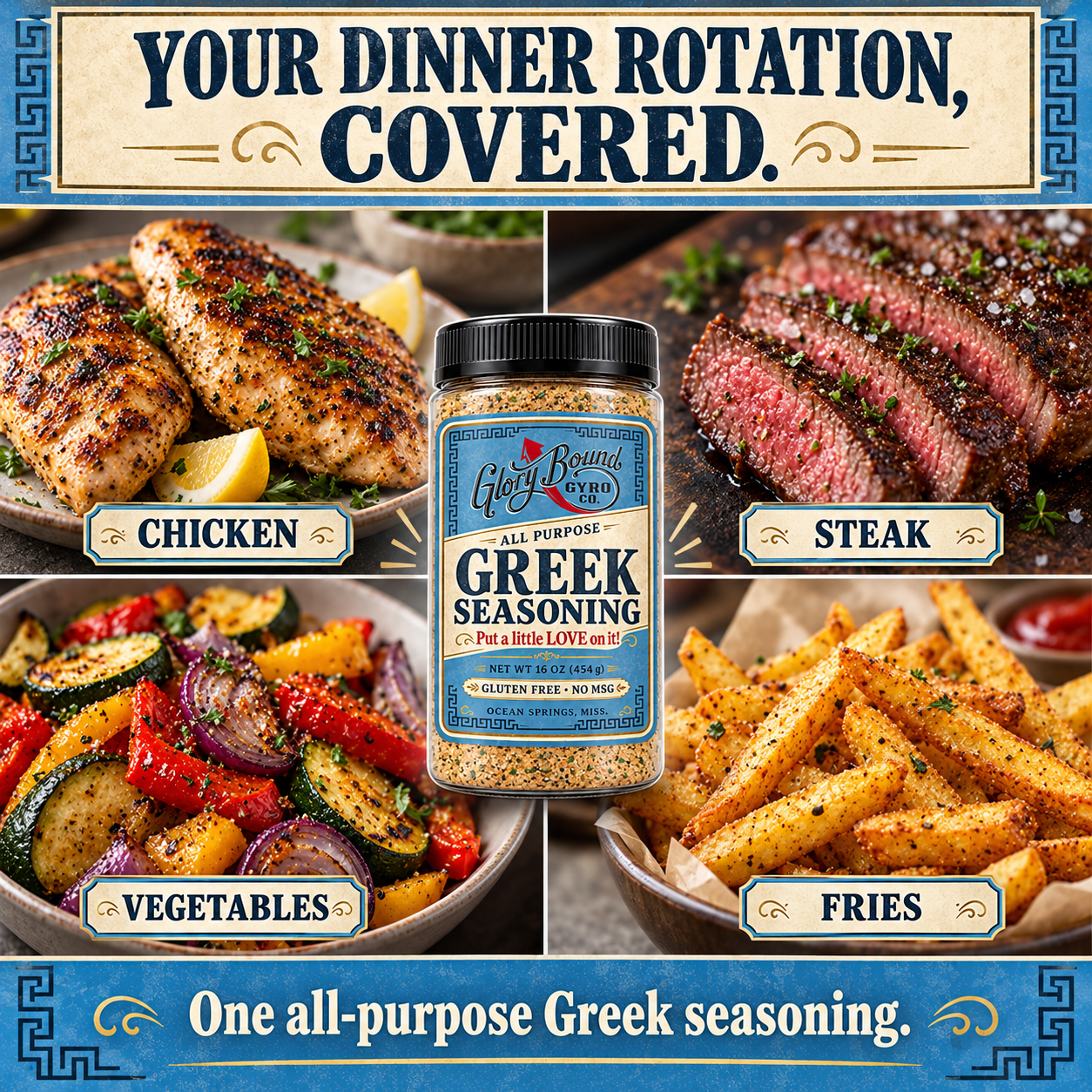 Serving suggestions for Greek seasoning: chicken, steak, vegetables, and fries