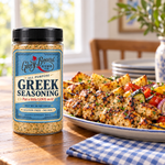 Glory Bound Greek Seasoning alongside chicken skewers, potatoes, and vegetables; serving suggestion