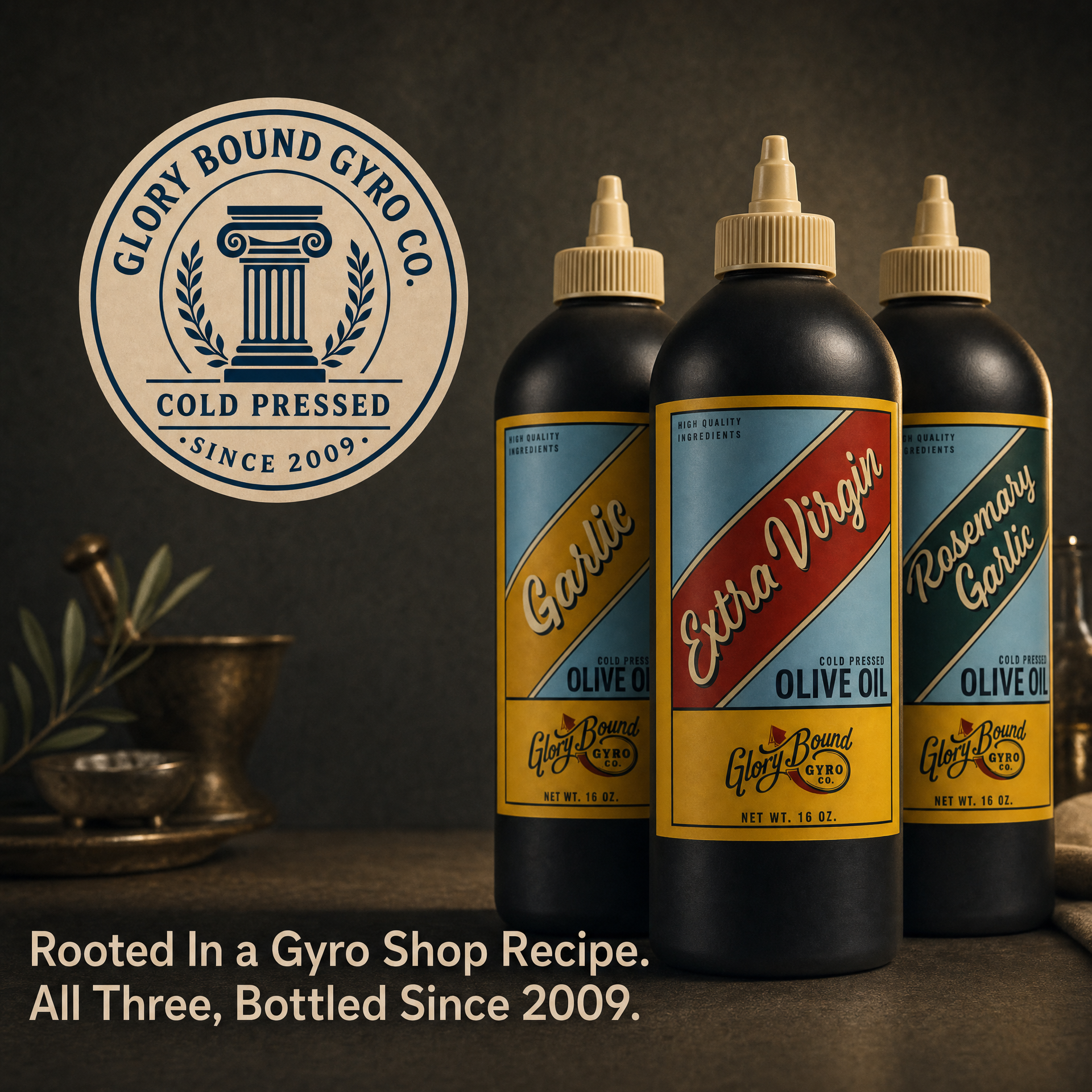 Glory Bound Gyro Co. — rooted in a gyro shop recipe, all three bottled since 2009