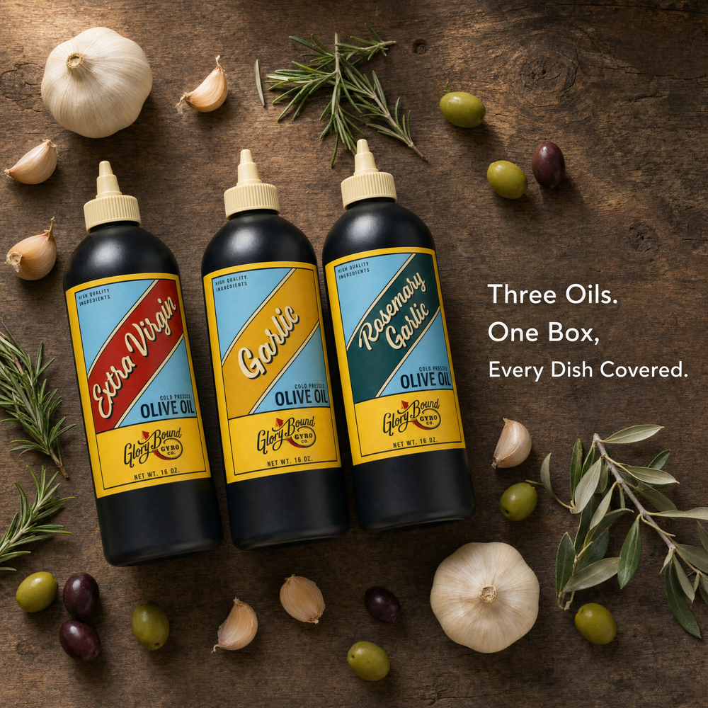 Glory Bound Complete Olive Oil Set — Extra Virgin, Garlic and Rosemary Garlic 16 oz bottles